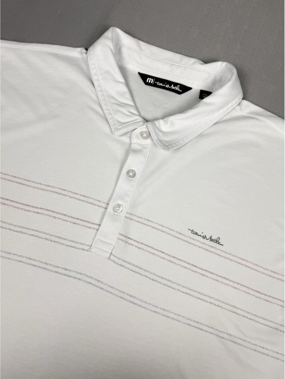 TravisMathew Men’s 3XL White Striped Golf Polo Shirt Short Sleeve Logo